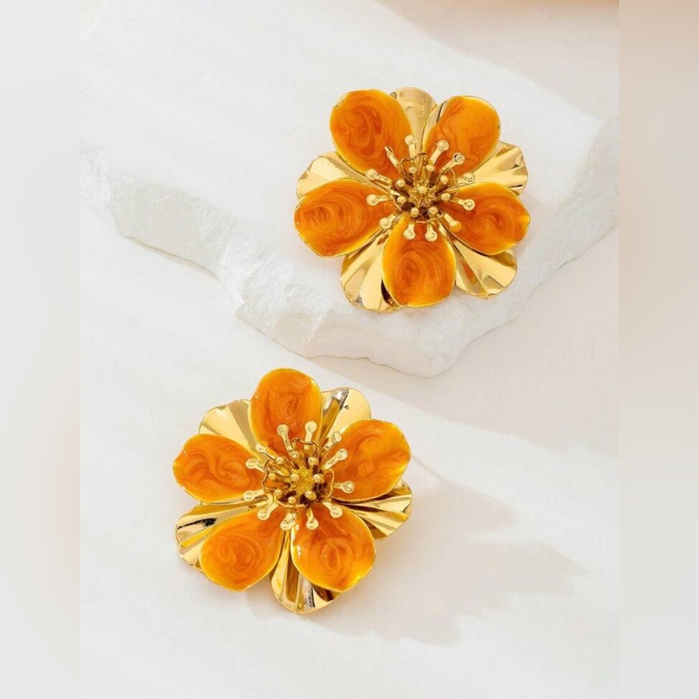 Boho Orange Flower Earrings Gold Double Layer 18K Gold Plated - Picture 3 of 3